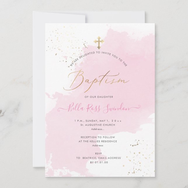 PixDezines Pink Watercolor Swatch Baptism Invitation (Front)