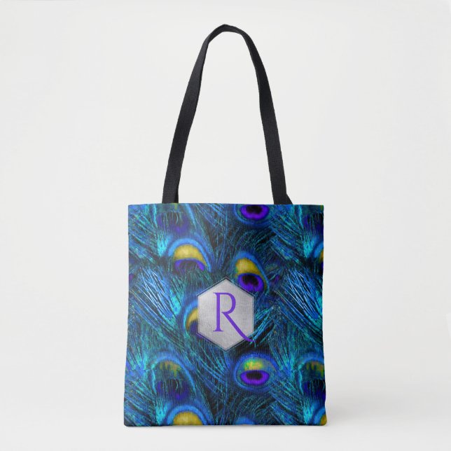 PixDezines PSYCHEDELIC BLUE PEACOCK FEATHER Tote Bag (Front)