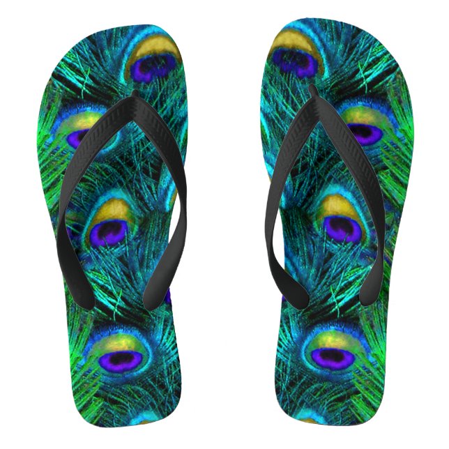 PixDezines PSYCHEDELIC PEACOCK FEATHER, COBALT Flip Flops (Footbed)