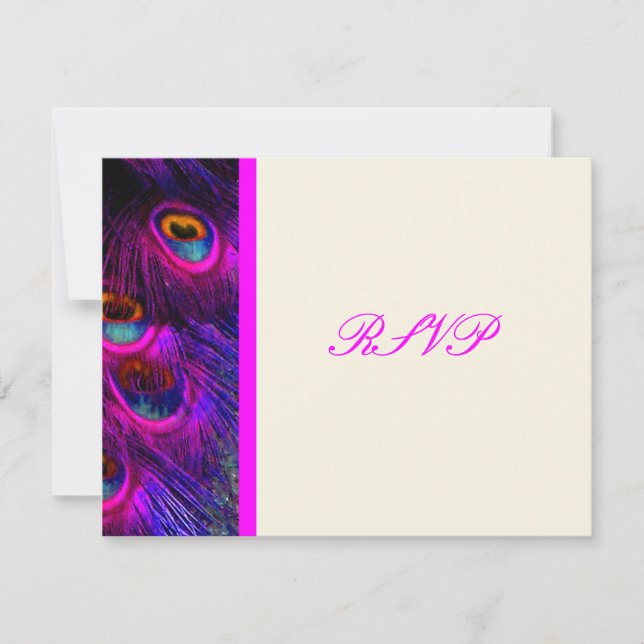 PixDezines psychedelic peacock feather/hot pink RSVP Card (Front)