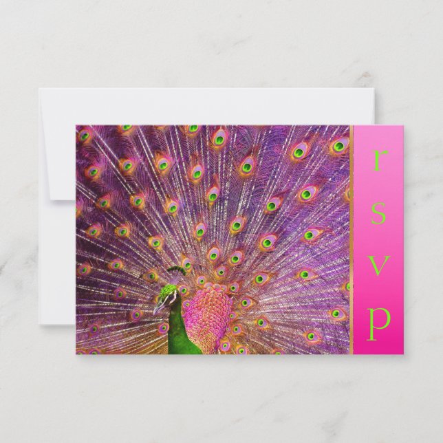 PixDezines psychedelic peacock feather/hot pink RSVP Card (Front)