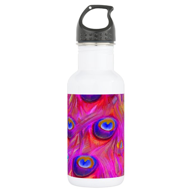 PixDezines psychedelic pink peacock feather 532 Ml Water Bottle (Front)
