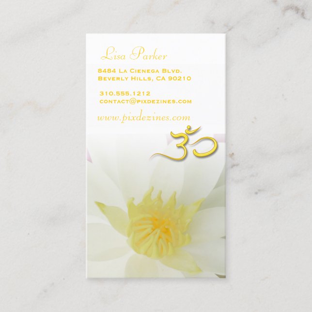 PixDezines purity white Lotus, Om yoga, healers Business Card (Front)