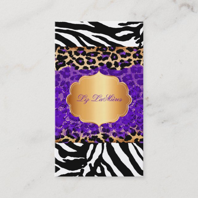 PixDezines purple vintage lace+cheetah+zebra Business Card (Front)