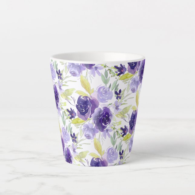 PixDezines Purple Watercolor Flowers Latte Mug (Front)