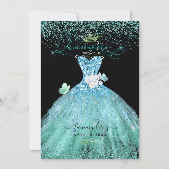 PixDezines Quinceanera Aqua Teal Glitter Gown Invitation (Front)
