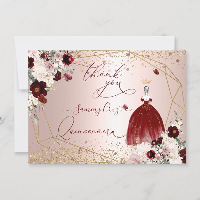 PixDezines Quinceanera Burgundy Gown Thank You  In Invitation (Front)