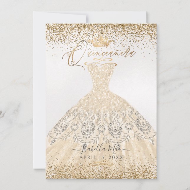 PixDezines Quinceanera Champagne Gold Glitter Gown Invitation (Front)