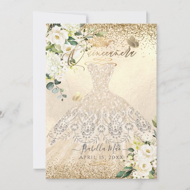 PixDezines Quinceanera Champagne Gold Glitter Gown Invitation (Front)