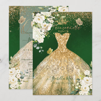 PixDezines Quinceanera Gold Glitter Gown Green Invitation