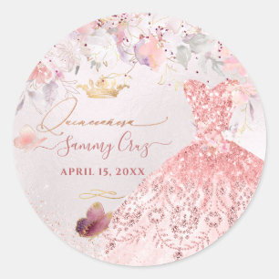 PixDezines Quinceanera H2 Blush Pink Glitter Dress Classic Round Sticker