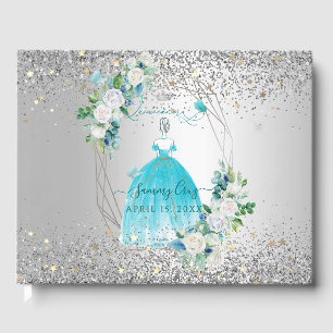 PixDezines Quinceanera H2 Flowers Aqua Blue Dress  Guest Book