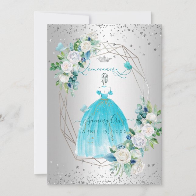 PixDezines Quinceanera H2 Flowers Aqua Blue Dress Invitation (Front)