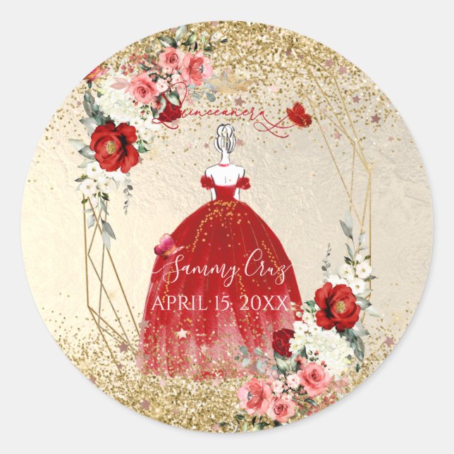 PixDezines Quinceanera H2 Flowers Red Dress  Classic Round Sticker (Front)