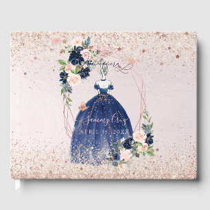 PixDezines Quinceanera Navy Rose Gold H2 Flowers Guest Book