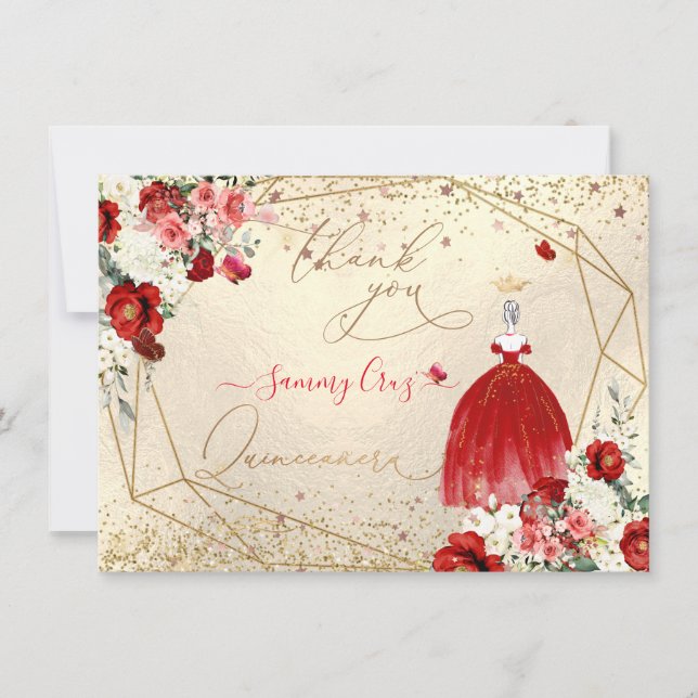 PixDezines Quinceanera Red Gown Thank You Invitation (Front)