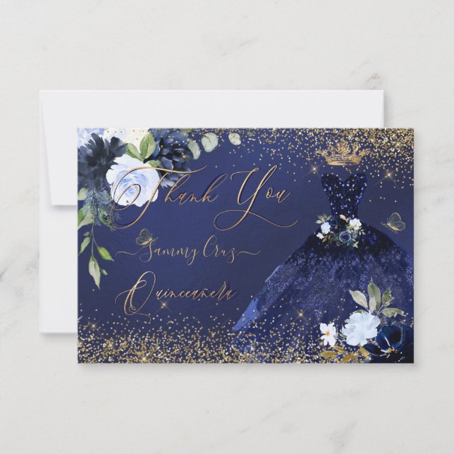 PixDezines Quinceanera Thank You Navy Blue Gold Invitation (Front)