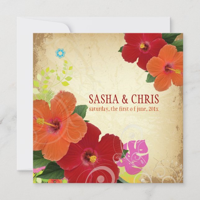 PixDezines red+orange hibiscus+monstera Invitation (Front)