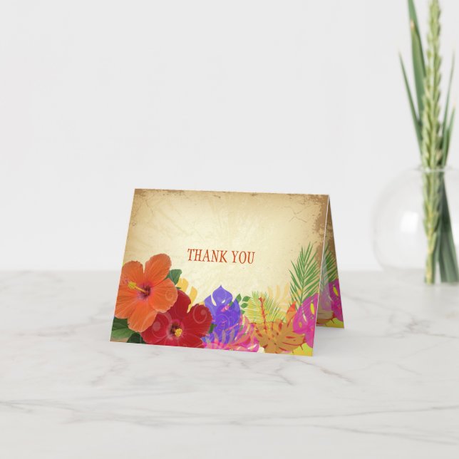 PixDezines red+orange hibiscus+monstera leaves Thank You Card (Front)