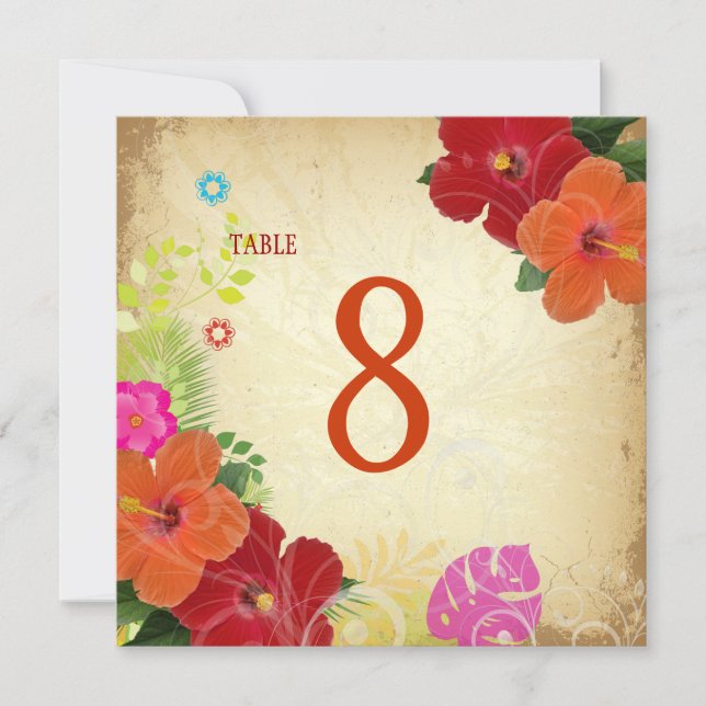 PixDezines red+orange hibiscus+monstera table card (Front)
