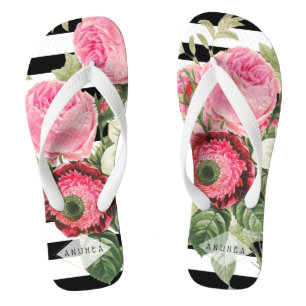 PixDezines REDOUTE PINK ROSES, ANEMONES, CLEMENTIS Flip Flops