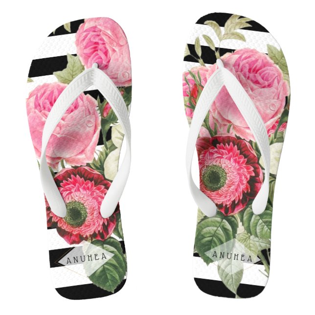 PixDezines REDOUTE PINK ROSES, ANEMONES, CLEMENTIS Flip Flops (Footbed)