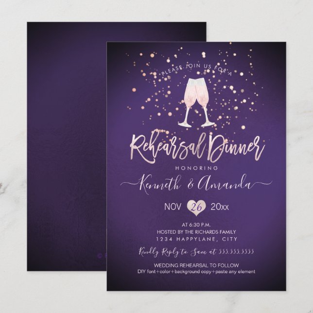 PixDezines Rehearsal Dinner Pink Champagne Plum Invitation (Front/Back)