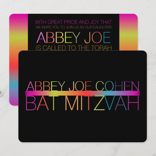 PixDezines retro neons/typography/bat mitzvah Invitation (Front/Back)