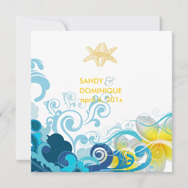 PixDezines retro waves, plumeria+starfish+beach Invitation (Front)