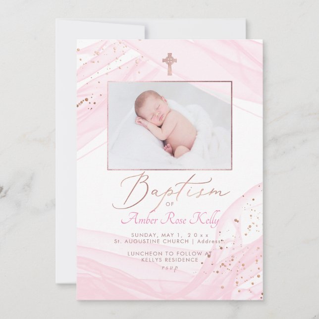 PixDezines Rose Gold Celtic Cross Baptism Invitation (Front)