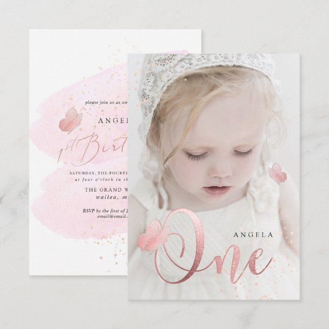 PixDezines Rose Gold Pink Butterflies Watercolor Invitation (Front/Back)