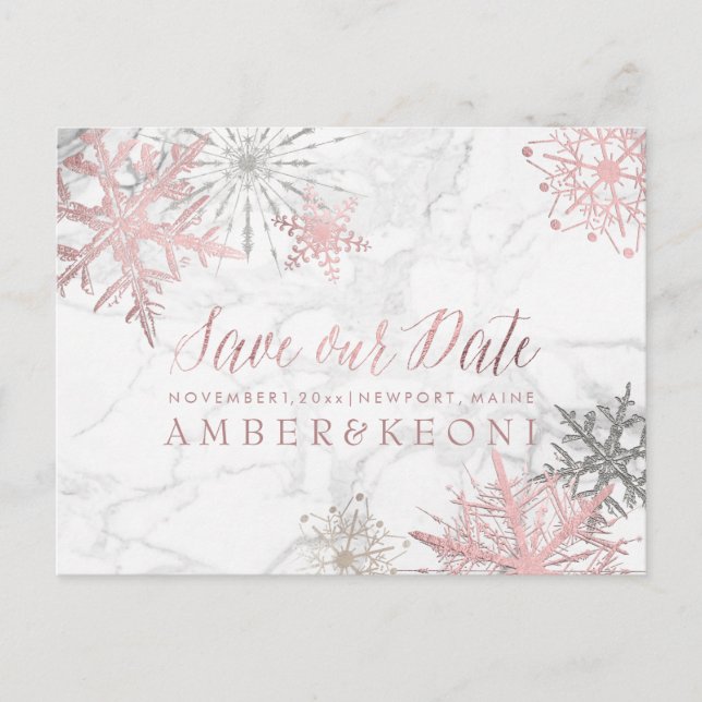 PixDezines ROSE GOLD SNOWFLAKES/MARBLE/SAVE DATE Announcement Postcard (Front)
