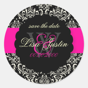 PixDezines Rossi Damask/Black+Hot Pink Classic Round Sticker