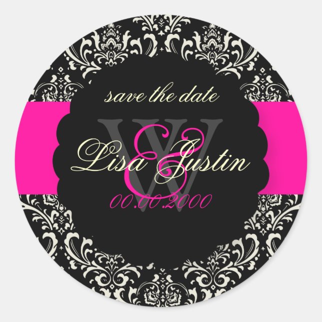 PixDezines Rossi Damask/Black+Hot Pink Classic Round Sticker (Front)