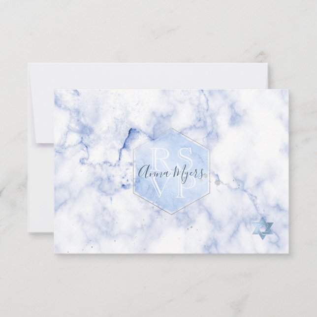 PixDezines RSVP Blue Honeycomb+Marble Mitzvah ✡ Card (Front)