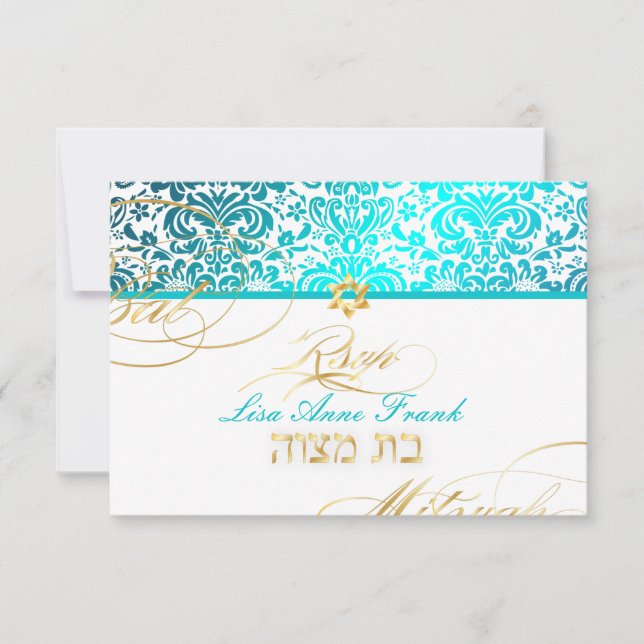 PixDezines rsvp Fidora Damask, Bat Mitzvah Card (Front)