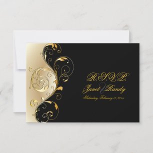 PixDezines rsvp Filigree+swirls/black+gold Card