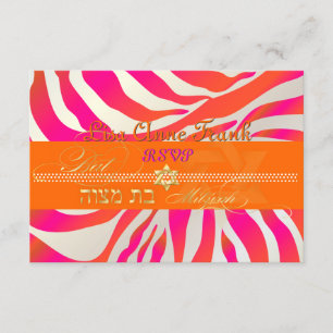 PixDezines rsvp Hot Pink+Orange Zebra, Bat Mitzvah Card