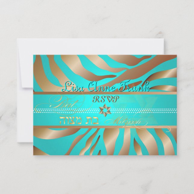 PixDezines rsvp Tan+Aqua Zebra, Bat Mitzvah Card (Front)