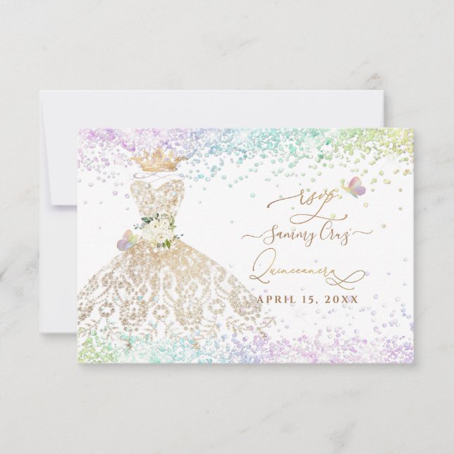 PixDezines RSVP White Gold Quince Dress Invitation (Front)