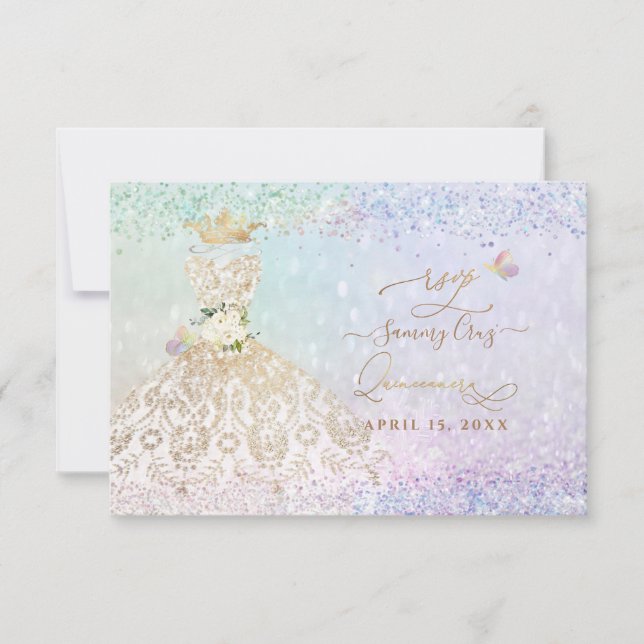 PixDezines RSVP White Gold Quince Dress Invitation (Front)