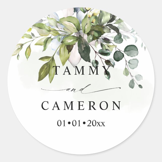 PixDezines Rustic Watercolor Greenery Eucalyptus C Classic Round Sticker (Front)