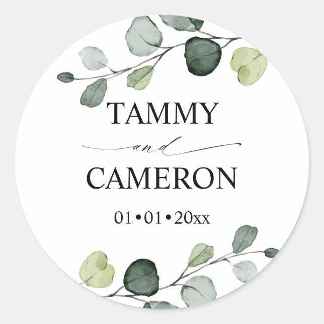 PixDezines Rustic Watercolor Greenery Eucalyptus Classic Round Sticker (Front)