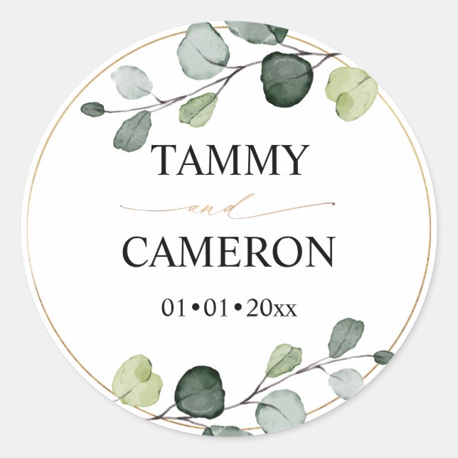 PixDezines Rustic Watercolor Greenery Eucalyptus Classic Round Sticker (Front)