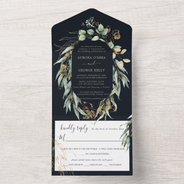 PixDezines Rustic Willow Eucalyptus Navy n Gold  All In One Invitation (Inside)