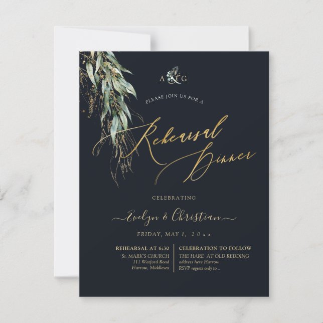 PixDezines Rustic Willow Eucalyptus Navy n Gold  Invitation (Front)