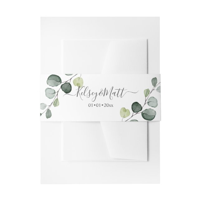 PixDezines Rusttic Watercolor Greenery Eucalyptus  Invitation Belly Band (Front Example)