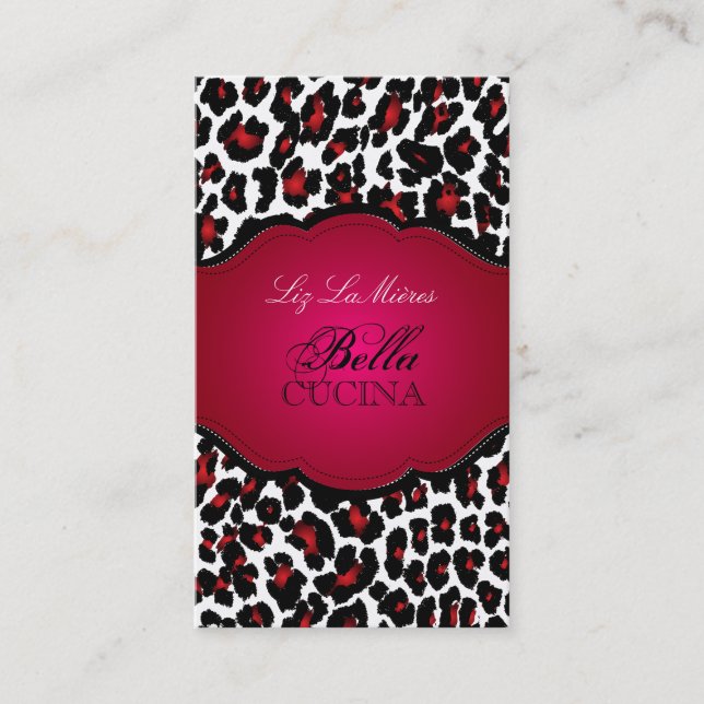 PixDezines Sassy cheetah print/ruby red+black Business Card (Front)