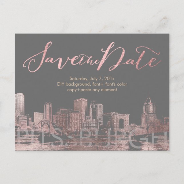 PixDezines/Save Date/Pink Gold/Pittsburgh Skyline Announcement Postcard (Front)