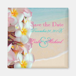 PixDezines Save Date, Pink Plumeria Lei+Beach Magnet
